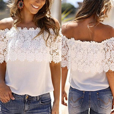 EFINNY Fashion Women Summer Off Shoulder Chiffon Shirt Lace Crochet Casual Tops Blouse TX EFINNY Fashion Women Summer Off Shoulder Chiffon Shirt Lace Crochet Casual Tops Blouse TX