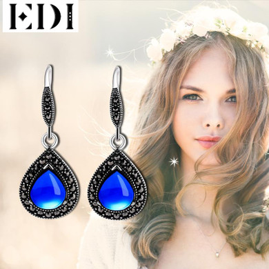 EDI Retro 100% 925 Silver Designer Sapphire Long Drop Earrings for Women Sterling Silver Jewelry Gemstone Dangle Earrings