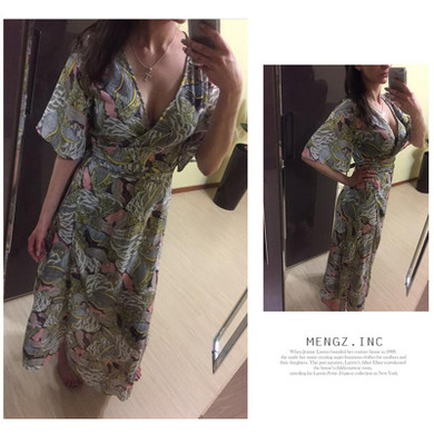 DOMODA Floral Printed Maxi Dress Women Loose Wrap Tie Waist Casual Summer Dresses Long Ladies Butterfly Vestidos Robe Female