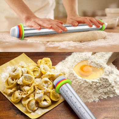 Laintene Rolling Pins with Silicone Mat, Adjustable Rolling Pin with 4 Guide Rings for Baking Fondant Pastry Cake