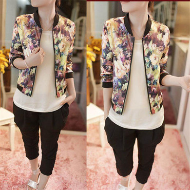 snowshine #3001  2016 women basic coats jacket 1PC Women Stand Collar Long Sleeve Zipper Floral Printed Bomber Jacket