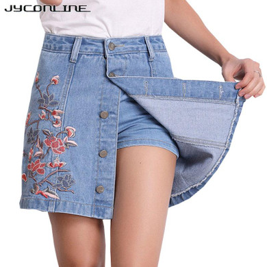 JYConline Casual Floral Embroidery Denim Skirt High Waist Skirts Womens Plus Size Short Jeans Skirt Vintage Mini Skirts Buttons