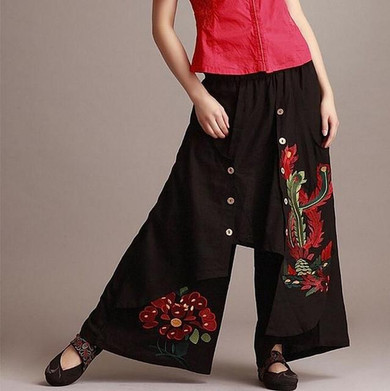 #1617 2017 Embroidery floral Casual Fashion Wide leg pants Skirt pants women Linen pants Pantalon mujer Loose Pantalon femme