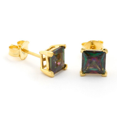Gold Square Mystic Topaz Sterling Silver CZ Stud Earrings
