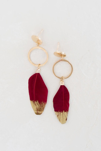 Gold Dipped Feather Earrings - Red