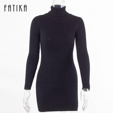 FATIKA Fashion 2017 Women Autumn Winter Sweater Dresses Slim Turtleneck Sexy Bodycon Solid Color Robe Knitted Dress