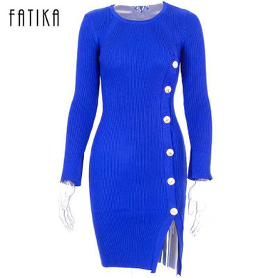 FATIKA Elegant Button up Split Knitted Bodycon Dress Women Black Long Sleeve Sexy Party Dresses Autumn Winter Warm Midi Dresses