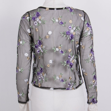 Fashion Womens Mesh Embroidery blouse tops Summer Sexy Sheer Flower Long Sleeve Shirt Blouse Tops Black Clothes Plus Size XL