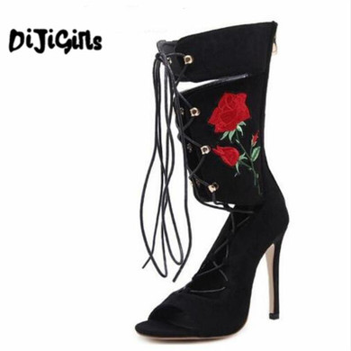 New Roman Embroider Gladiator High Heels Women Sandals Stiletto Booties Open Toe Strappy Lace Up zip Shoes Woman Boots