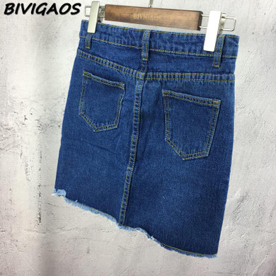 BIVIGAOS Summer Women's High Waist Skirts Hole Ripped Skirts Washed Denim Skirt Jeans Mini Short Skirts For Women Saia Jeans