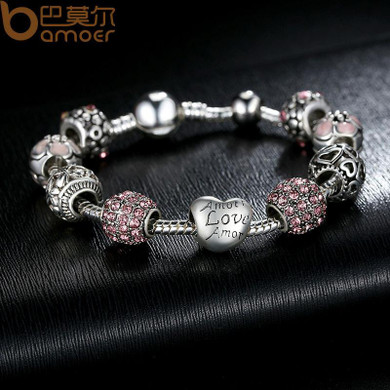 BAMOER Antique 925 Silver Charm Bracelet & Bangle with Love and Flower Crystal Ball Women Wedding Valentine's Day Gift PA1455 BAMOER Antique 925 Silver Charm Bracelet & Bangle with Love and Flower Crystal Ball Women Wedding Valentine's Day Gift PA1455