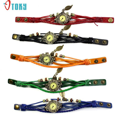 Hot hothot vintage watch Womens Bracelet Weave Wrap Quartz Leather Leaf Beads Wrist