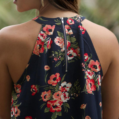Fashion Summer Women Sleeveless Chiffon Floral Print Blouse Ruffles Turtleneck Tops Shirt Bluse Blusas Feminine P2