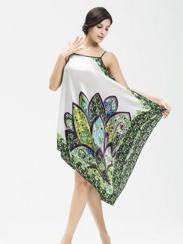 Fashion Summer Sexy Silk Nightdress Printed Female Spaghetti Strap Full Dress Plus Size Diagonal Flowers Nightgown Sleepshirts