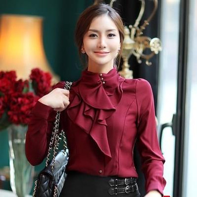 Fashion stand collar long sleeve female shirt OL office Formal elegant ruffles chiffon women's blouse plus size bow tops #580