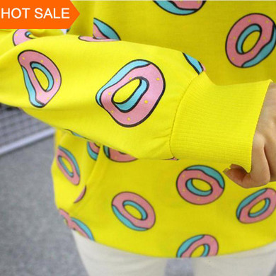 HOT SALE!Cute donut print pullovers 2018 autumn women hoodies sweatshirts yellow large size M-XL fashion