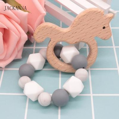 Food Grade Silicone Baby Teether Ring Toys, Smooth Beech Wood Unicorn Teether, Silicone Teething Toy Baby Chewable Nursing Gifts