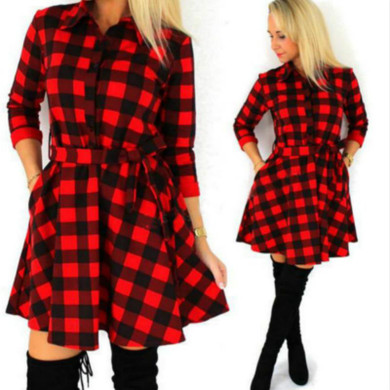 High Auality Casual Plaid Dresses Women's 2017 Spring Summer Dress Long Sleeve Turn Down Collar Dress With Belt Plus size