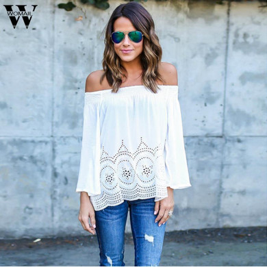 CharmDemon summer women blouses Women Sexy Strapless Loose Nine Points Sleeve Embroidered