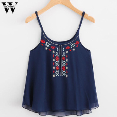 CharmDemon 2017 Women Embroidery Blouse High Low Chiffon Cami Top je19