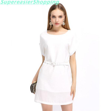 Nuoxin 2017 Summer Casual Loose Women Dress O-Neck Short Sleeve Fashion White Gray Solid Party Mini Dresses Vestidos with Sashes