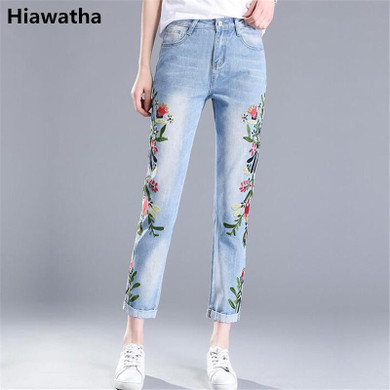 Hiawatha 2017 New Spring Summer Jeans Women Fashion Flower Embroidery High Waist Denim Pants Fashion Ankle-Length Pants JST006
