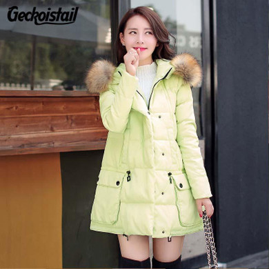 Geckoistail New Winter Fashion Womens Parka Jackets Fur Collar Hooded Down Cotton Warm Women Parka Coats Removable Hat Outerwear