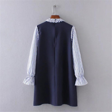 GCAROL Women New Striped Sleeve Spliced Dress Standard Collar Fake Two Pieces Dress Vintage Retro Spring Autumn Winter Dress