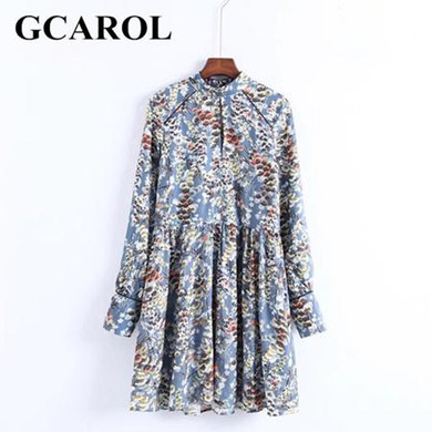 GCAROL New Arrival Stand Collar Women Floral Dress Pleased Cuff Sleeve High Quality Vintage Female Floral Dress