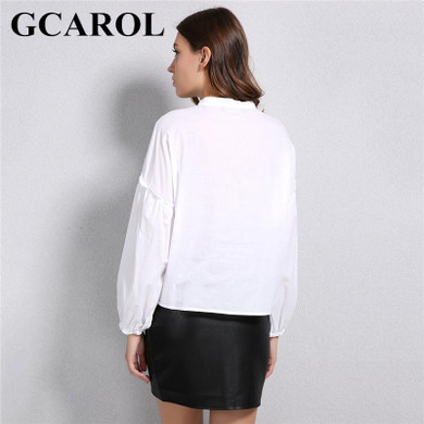 GCAROL Euro Style Blue Floral Embroidery Women Blouse Puff Sleeve Crop Tops High Quality Oversize Basic Shirt For 4 Season