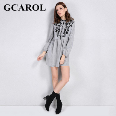 GCAROL 2018 Early Spring New Black Floral Embroidered Women Dress Stand Collar Vintage Dress Mid Waist Pleated Dress