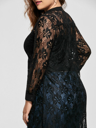 Gamiss Women Plus Size Blouse Spring Autumn Long Sleeve High Low Lace Shirts See Through Button Up Ladies Big Size Female Tops