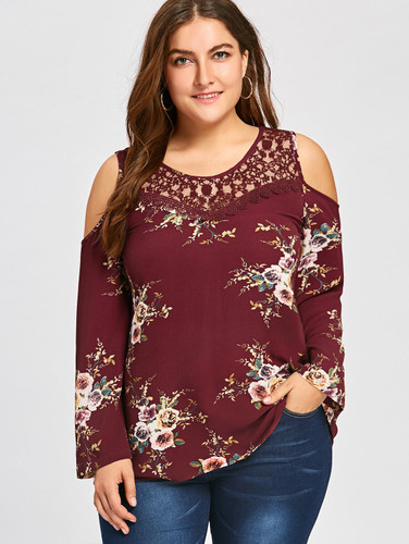 Gamiss Women Long Sleeves Shirts Autumn Plus Size Lace Panel Cold Shoulder Floral Printed Blouses Hollow Out O Neck Female Tops