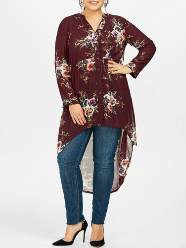 Gamiss Women Chiffon Floral Blouse V-Neck Plus Size Spring Autumn Long Sleeve Shirts With Button Female Top Long Shirts Blusa