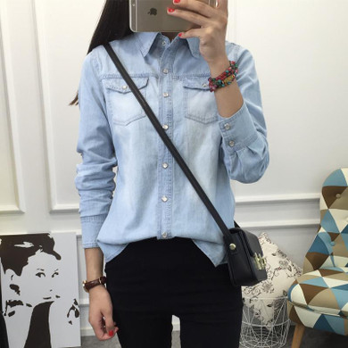Fashion Women Blouse Spring Autumn Casual Shirts Camiseta de mujer Long Sleeve Denim Jeans Tops Casual Women Shirt Blusa Mujer