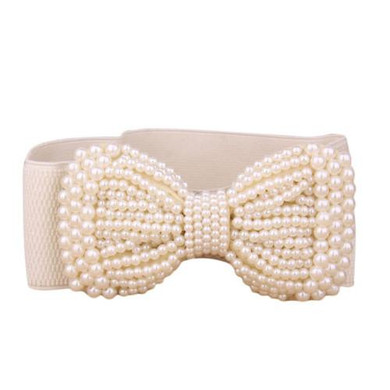 Fashion Women Belts Bowknot Stretch Elastic Wide Belt Simulated Pearl Waistband Black Khaki