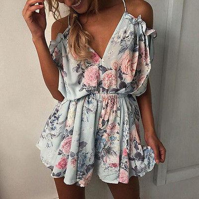 Fashion Women 2017 Summer Beach Jumpsuit Clubwear Bodycon V Neck Playsuit Romper Beach Backless Floral Print Playsuits