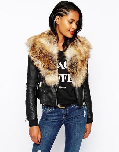 Fashion Winter women leather jacket fur collar outerwear Faux leather grass turn-down collar stitching motorcycle Faux PU Coat