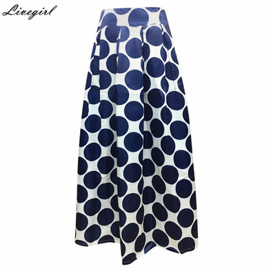 Fashion Vintage High Waist Polka Dots Printed Maxi Skirt Fall Casual Elegant Women Long Skirt Black/Blue/Red Pleated Skirt