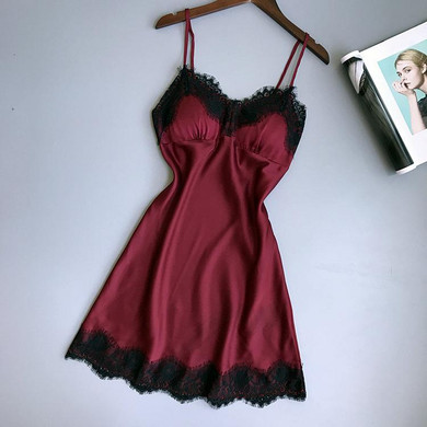 QWEEK Women Nightgowns Silk Sleepwear Satin Lace Sexy Elegant Female Sapghetti Strap Nightwear Clothes Sleepshirts Chest Pads