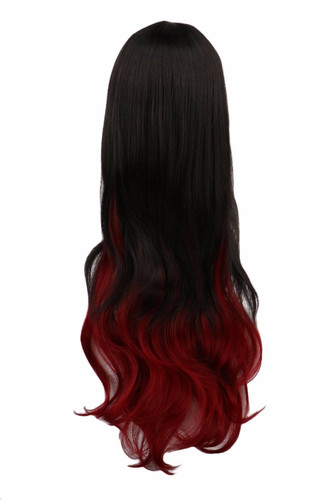 QQXCAIW Women Long Curly Cosplay Black To Red Ombre 68 Cm Synthetic Hair Wigs