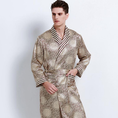 High Quality Autumn Men 100% Silk Sleepwear Robes Printing Long-Sleeve Heavy Mulberry Silk Robes Bathrobes Free Shipping