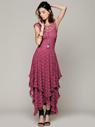Boho People hippie Style Asymmetrical embroidery Sheer lace dresses double layered ruffled trimming low V-back (No lining)