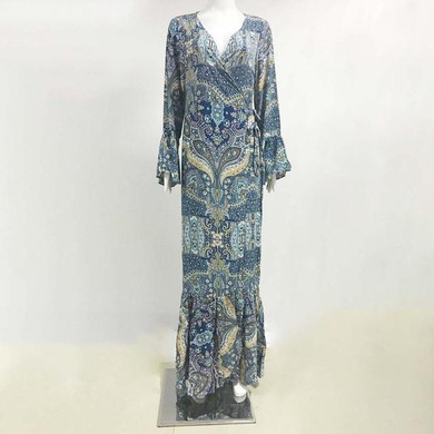 Boho Dress Women Floral Print Long Flare Sleeve Dress Femme Holiday V Neck Sexy Dress Bohemian Loose Beach Maxi Dress Vestidos