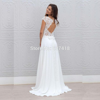 Bohemian Wedding Dress Lace and Chiffon Open Back with Cap Sleeves Cheap Beach Wedding Dress Vestidos de Novia
