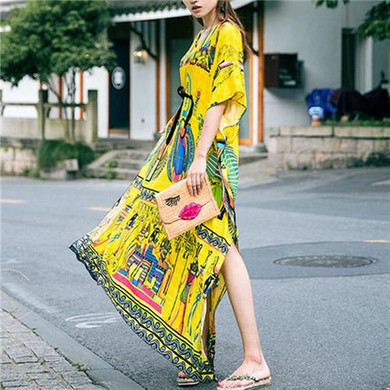 Bohemian Beach Dress Kaftan Ethnic Cotton Rayon Maxi Dress Women Vintage V-neck Tunic Boho Casual Printed Long Dress