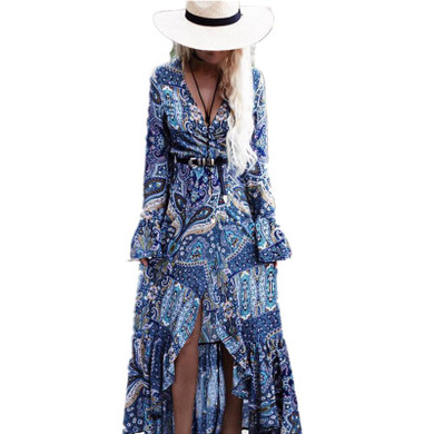 Bohemia Long Dress Women Floral Print Chiffon Beach Dress Summer V-neck Sexy Dress Ruffle Bohemian Dress Hippie Boho Beach Cloth
