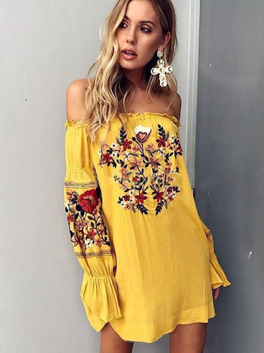 Bohemia Floral-Printed Off-the-shoulder Puff-sleeves Mini Dress
