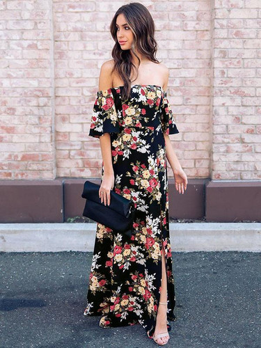 Bohemia Floral Off shoulder Split-side Maxi Dress