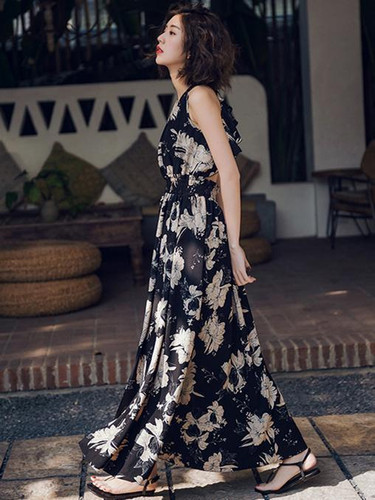 Bohemia Floral Falbala Backless Maxi Dress